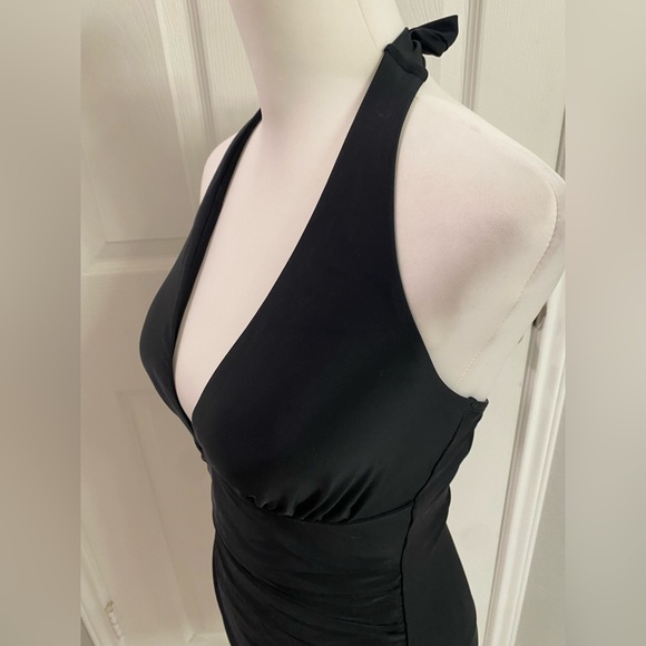 DKNY Solid Black Halter Deep V-Neck One-Piece Bathing Suit Ruched Medium - Picture 3 of 10
